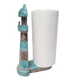 WorldBazzar New Hand Carved Lighthouse Teal Color Design Paper Towel Holder Wood Carving Nautical Statue Kitchen Gadget Sculpture, Brown, Blue, White Wash, White, Wash, Aqua, Teal, Green, Marine