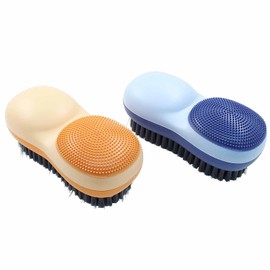 Hitefu 2 Pack Double Sided Laundry Stain Brush with Silicone Surface, Soft Bristle Scrub Brush for Shoes, Clothes, Underwhere & Fabric Cleaning (Orange & Green)