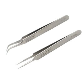 FEITA Precision Eyelash Extension Tweezers Set - Professional Straight & Curved Pointed Very Fine Tip Tweezers for Lash Extensions - Silver - 2Pcs