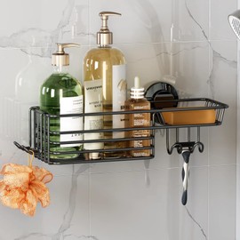 TAILI Rustproof Shower Shelf No Drilling Shower Caddy Suction Cup with Hooks & Soap Holder, Bathroom Shower Organiser, No Drilling Shower Shelf for Bathroom, Shampoo, Shower Gel, Black