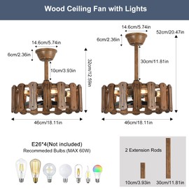 Garwarm 18in Caged Ceiling Fan with Light, Chandelier Farmhouse Ceiling Fans with Lights and Remote,Bladeless Rustic Fandelier Ceiling Fan for Kitchen, Bedroom（6 Speed, Timing）-Rustic Wood