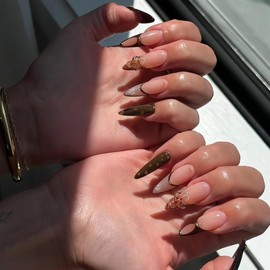 Press on Nails Almond Medium French Tip Fake Nails Brown False Nails with Floral Glitter Water Drop Designs Fall Stick on Nail Autumn Glossy Glue on Nail for Women Girls 24Pcs