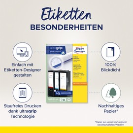 AVERY Zweckform L4760-100 Ordnerrücken Etiketten (700 Rückenschilder mit ultragrip, 38x192mm auf A4, schmal/kurz, selbstklebend, absolut blickdicht, bedruckbare Ordneretiketten) 100 Blatt, weiß