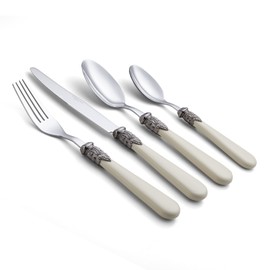 Annova Flatware 24 Pieces Set/Stainless Steel Vintage Silverware/Cutlery Set, Ivory Color, Dinner Knife/Dinner Fork/Dinner Spoon/Dessert Spoon, Mirror Polished, Service for 6 - Cream/Ivory Vintage