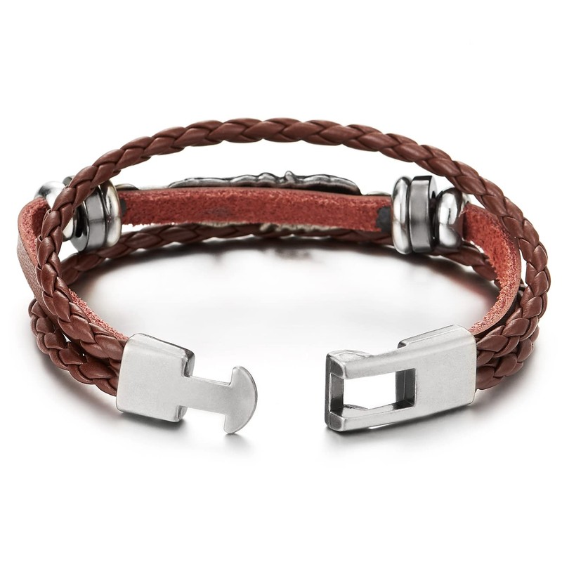 COOLSTEELANDBEYOND Vintage Feather Leaf Dark Brown Braided Leather Bracelet for
