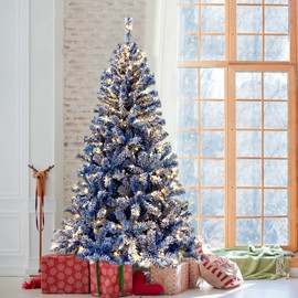 6FT Pre-Lit Hinged Artificial Fir Christmas Tree, Xmas Tree Snow Flocked Artificial Holiday Christmas Tree with 750 Branch Tips X-mas, Blue