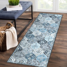 ROYHOME Runner Rug Washable Moroccan Trellis Hallway Runner Rug Entryway Rug, Stain Resistant Non-Slip Vintage Distressed Bedroom Rug Runner Entrance Carpet for Laundry Kitchen, Blue/Grey, 2' x 6'
