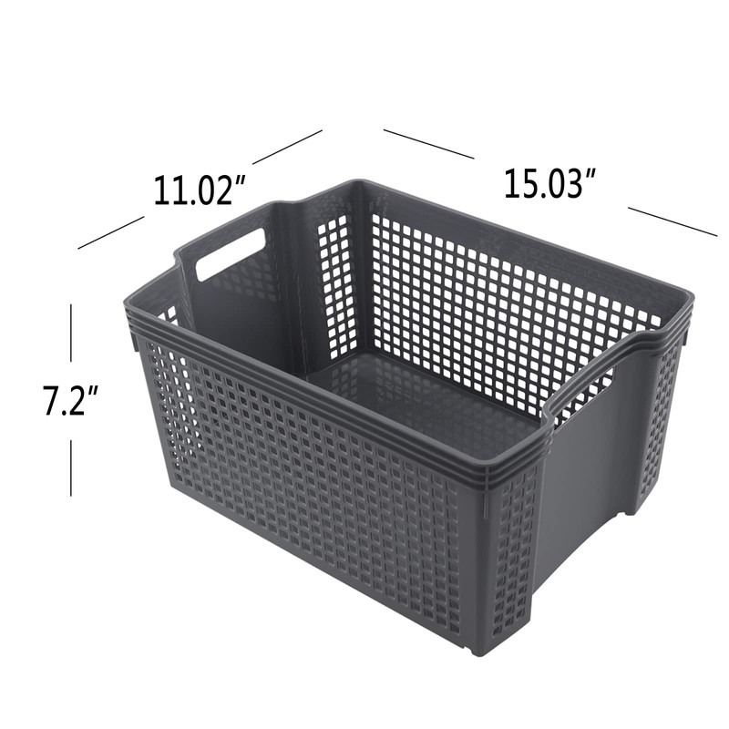 Rinboat 17 L Plastic Stacking Storage Baskets, Grey Stackable Storage