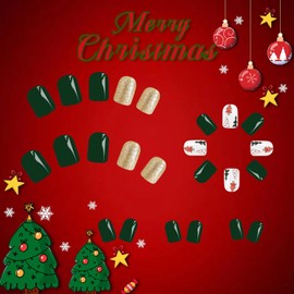 Vopintpy Gold Glitter Christmas Tree Fake Nails Short Square Xmas Press on Nails Glossy Green Solid Color Glue on Nails Reusable Winter Stick on Nails for Women DIY Manicure