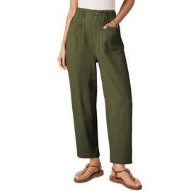 Dokotoo 2025 Linen Pants Women Business Work Capri Ankle Length High Waisted Linen Pants for Women Plus Size Summer Outfits Cotton Lightweight Cargo Trouser with Pockets Solid Slacks Palazzo Green S