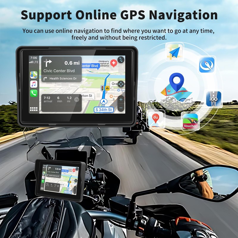 Podofo 2024 Upgrade Motorcycle GPS Wireless Apple Carplay/Android Auto Waterproof