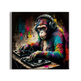 Eowzomk Funny Wall Art for Living Room, Monkey Wearing Headphones is Djing Oil Paintings, Music Artist Room Bedroom Office Bathroom Music Room Decor - Framed Ready to Hang 16"X16"