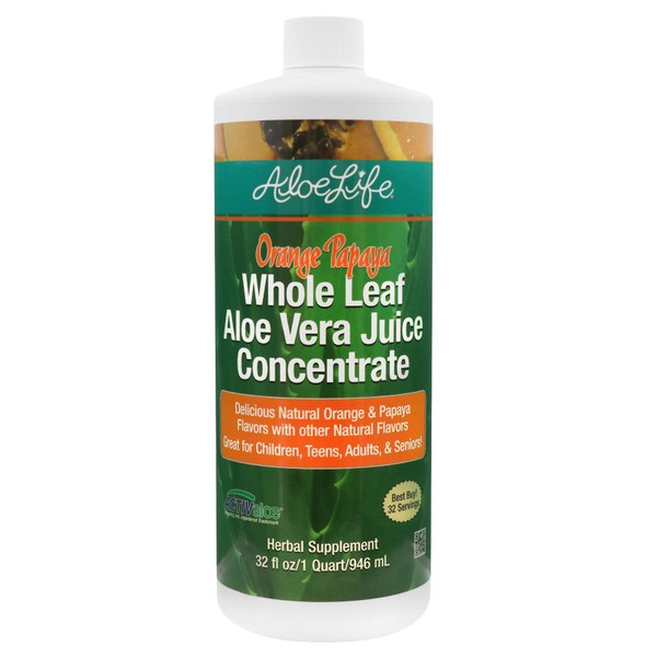 Aloe Life - Whole Leaf Aloe Vera Juice Concentrate, Soothing Relief for Indigestion, Antioxidant Catalyst, Supports Energy & Wellness, Certified Organic Aloe Leaves, Gluten-Free (Orange Papaya, 32 oz)
