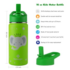 Honogo - Botella de agua de acero inoxidable de 16 onzas con aislamiento para niños, termo de metal a prueba de fugas con tapa de popote, bonito vaso para niños y niñas escolares (verde, elefante)