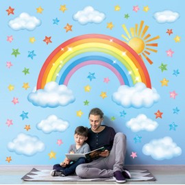 DECOWALL SG3-2314 Rainbow Sun Clouds and Stars Wall Stickers Decals Nursery Kids Room Classroom Vinyl playroom Peel and Stick Colorful Removable Children's Sunshine Pastel décor Cute