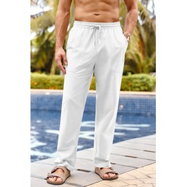 PASLTER Men's Cotton Linen Pants Elastic Waist Drawstring Casual Trouser Lightweight Straight-Legs Loose Beach Yoga Pants White