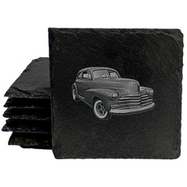 Art Deco Delight: 1940s Chevy Stylemaster Laser-Etched Coasters - Square Slate - set of 8