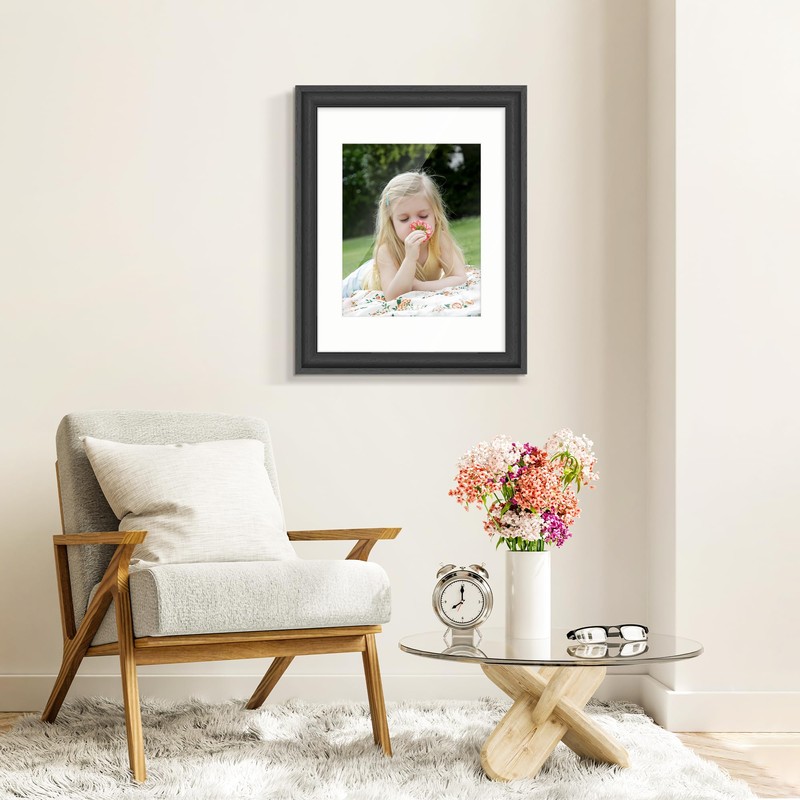 11x14 Solid Wood Picture Frame, Tempered Glass with Mat for