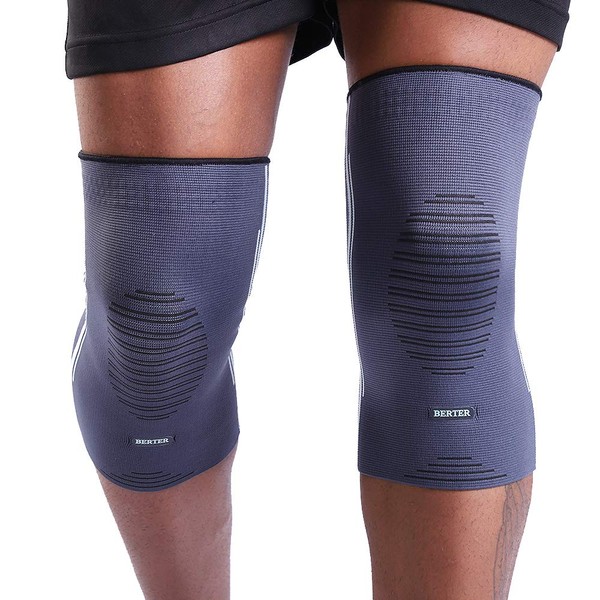 BERTER Knee Compression Sleeve Support for Running, Jogging, Sports - Brace for Joint Pain Relief, Arthritis and Injury Recovery - A Pair (Grey-Blue, Medium(15.5-17.5"))