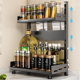 VORA Spice Rack Organizer for Cabinet, 2-Tier Height-Adjustable Kitchen Countertop Spice Cabinet Organizers, Spices organizer with Guardrail & Knife Block for Kitchen Pantry (From 6" to 12")