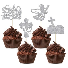 Paquete de 24 adornos plateados para magdalenas de bautizo, Dios bendiga a este niño, decoración para cupcakes, cupcakes, bautismo, cupcakes, decoración para tartas de baby shower, decoración de fiesta de cumpleaños