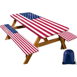 CAPSCEOLL Fitted Picnic Table Cover with Bench Covers 4Th of July Waterproof Camping Tablecloth All-Weather Outdoor Table Protector with Drawstring Bag for Camping Essentials, 72X30in, American Flag