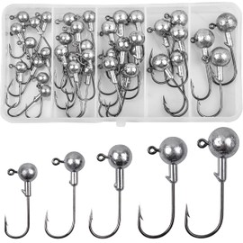 Unpainted Round Jig Heads Hooks Set, Ball Head Fishing Jig Hooks with Barb for Bass Crappie Trout Mix Sizes (36pcs)