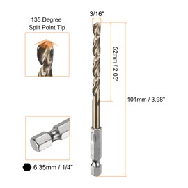 sourcing map 5pcs 1/4" Hex Shank Drill Bit 3/16" Gold Oxide M35 High Speed Steel Twist Drill Bit 135 Degree Split Point Tip Drilling Tool with Quick Change Hex Shank for Metal Wood Plastic
