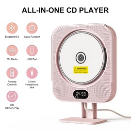 Kpop Pink CD Player Desktop/Wall,Wired Vertical Cute CD Players for Home, Bluetooth Speakers/FM Radio with IR Remote Control,CD Music Timer Alarm Clock with LED Display,Support CD/USB/TF/AUX/Copy