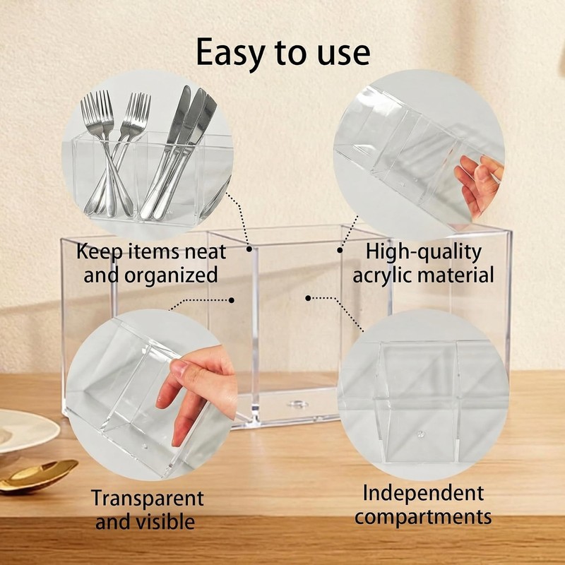Daxilonyz 3 Section Acrylic Cutlery Organizer for Countertop, Modern Flatware
