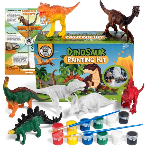 COASTLINE CRAFT Dinosaur Painting Kit for Kids w/Dino Trivia- Dinosaur Crafts for Kids Ages 3-5 + w/ 2T-Rex, Velociraptor, Stegosaurus & More Dinosaur Gifts for Boys, Dino Art Projects for Kids 4-6
