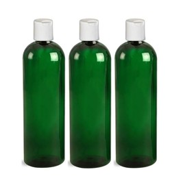 3 Pack 16 oz (475 ml) Slim Plastic PET Bottles with White Press Disc Dispensers for Shampoo, Lotion, Hand Sanitizer, Dish Soap Etc., Refillable, BPA Free | Made in USA | Mountainleaf (Green Bottles)