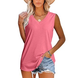 JomeDesign Summer Tops for Women Sleeveless Casual Loose V Neck Tunic Top Fashion Clothes Pink XL