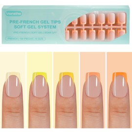 150Pcs French Gel Nail Tips, Vansiho Short Square Nail Tips, Yellow Pre-French Tips Press on Nails, Soak Off Soft Gel Acrylic Fake Nails for Nail Art DIY 15 Sizes