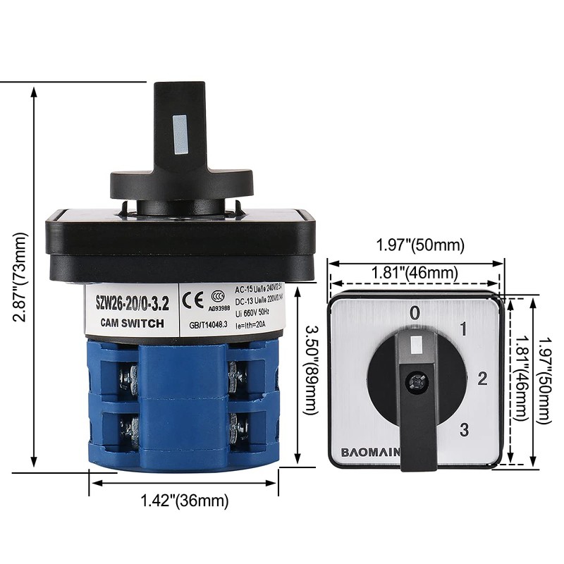 Baomain Changeover Switch Control Rotary SZW26-20/0-3.2 4 Postion 8 terminals
