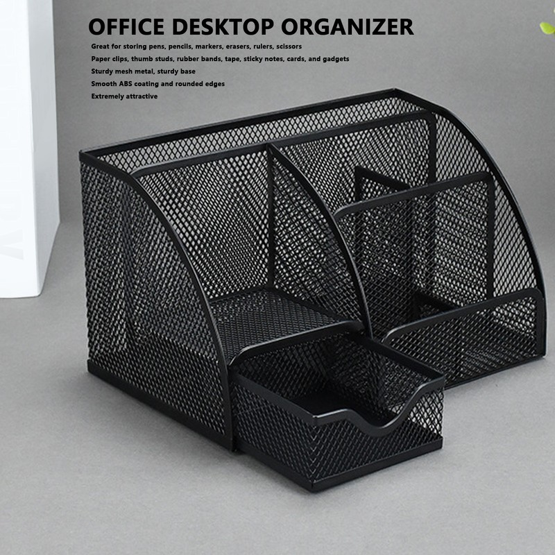 Mesh Office Desktop Organizer Multifunctional Metal 7 Compartments Pen Holder