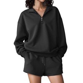 SHESHOW 2 Piece Sets for Women Casual Long Sleeve Sweatshirt Shorts Sets Sweatsuit Activewear Set Light Black XS