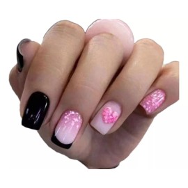Atila Uñas Postizas Presson Adheribles 24tips Francesas Negro Rosa