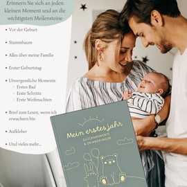 HuBorns - Baby Album First Year to 5 for Gluing Photos and Labels, Children's Photo Album with +50 Pages and Stickers, Original Memory Book Baby, Photo Album Baby (Green, German)