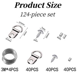 MAIHUO 124 Pcs Picture Hanging Kit,Complete Frame Hardware Set with Stainless Steel Hanging Wire,D-Rings and Crimping Sleeves