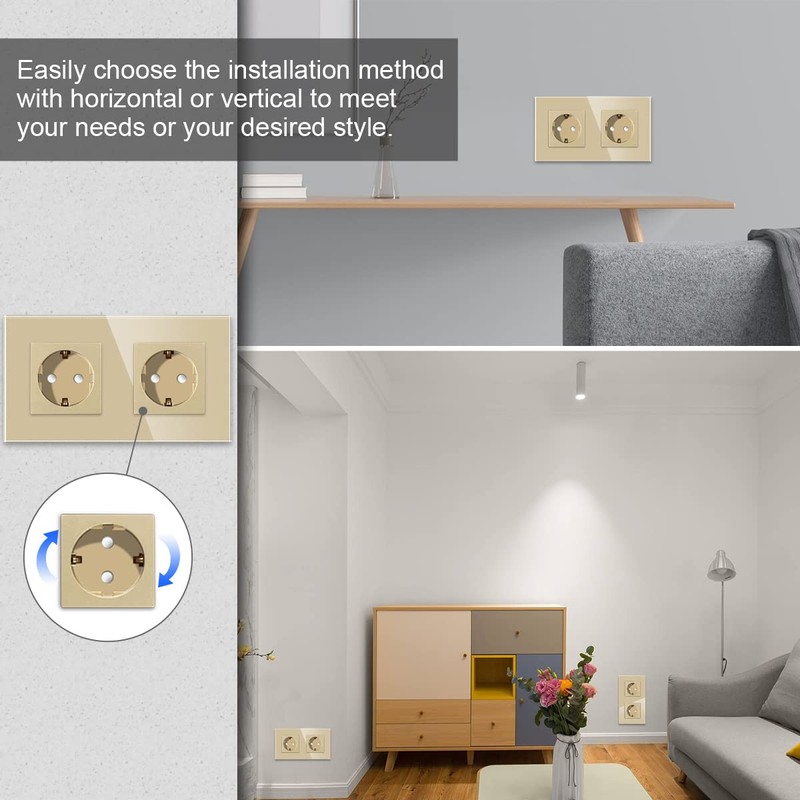 CNBINGO Glass Schuko Socket, Flush-Mounted, Double Wall Socket, Gold, with
