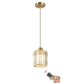 Viosked 1 Pack Glass Pendant Light Battery Operated with Remote, Rechargeable Wireless Hanging Light Gold, Battery Powered Pendant Lamp Small Crystal Glass Chandelier for Kitchen Dining Table Bedroom