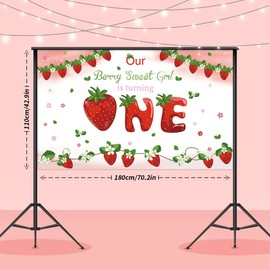 Strawberry First Birthday Backdrop for Baby Girls, Our Berry Sweet Girl is Turning Theme Birthday Party Decoration, Sweet One Background Photo Studio Props Banner