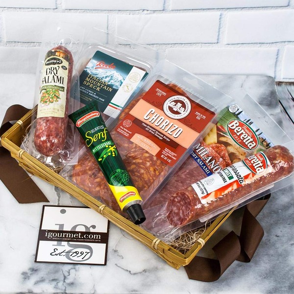 igourmet Assortment of Specialty Gourmet Meats in a Gift Box - Meats from around the world - With Cured Chorizo, hearty Sopressata, Milano Salam, Busseto, Salami, and flavorful Italian Speck