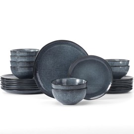Famiware Moonlight Plates and Bowls Sets, 24 Pieces Stoneware Dinnerware Sets with Linen Finish, Dishware set for 8, Microwave and Dishwasher Safe, Chip and Scratch Resistant, Dark Blue