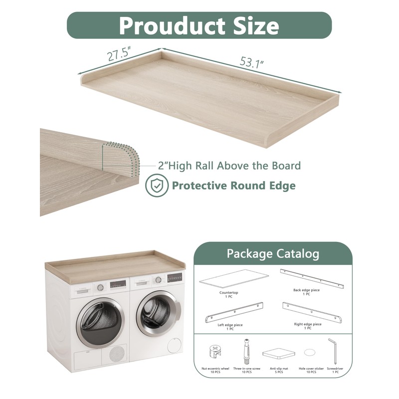 Piskyet Washer Dryer Countertop,Laundry Countertop with Edge Rails,27.5" Depth x