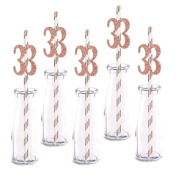 Rose Happy 33rd Birthday Straw Decor, Rose Gold Glitter 24pcs Cut-Out Number 33 Party Drinking Decorative Straws, Supplies