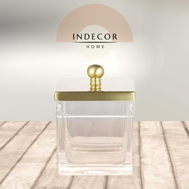 Indecor Home Apothecary Glass Cotton Jar Holder Brushed Gold Stainless Steel Lid, Elegant Bathroom Storage Canister for Qtips, Cotton Balls, Floss, Makeup Organizer, Vanity Bathroom Organization