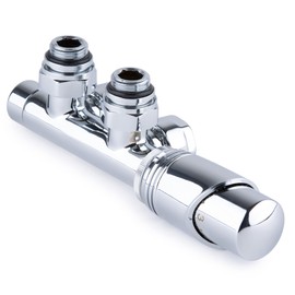 Tap Block Radiator Set Chrome for Bathroom Radiators Centre Connection – Multiblock Connection Fitting Including Thermostat Head Corner Shape