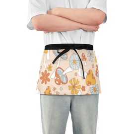 Aflyko Waist Apron Wild Mushroom Spring Flower Short Waitress Server Apron Chef Half Apron Waiter Bartender Waterproof 3 Pockets Apron for Garden Kitchen Restaurant